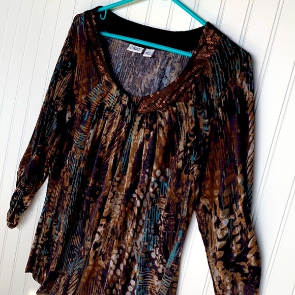 Cato BROWN TEAL BLACK COLOR LONG SLEEVE ROUND NECK BLOUSE RUCHED SLEEVES LARGE - Picture 4 of 10